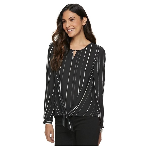 Apt. 9 Tops - Apt. 9 Black and White Keyhole Tie Front 3/4 Sleeve Blouse Pinstripe size L